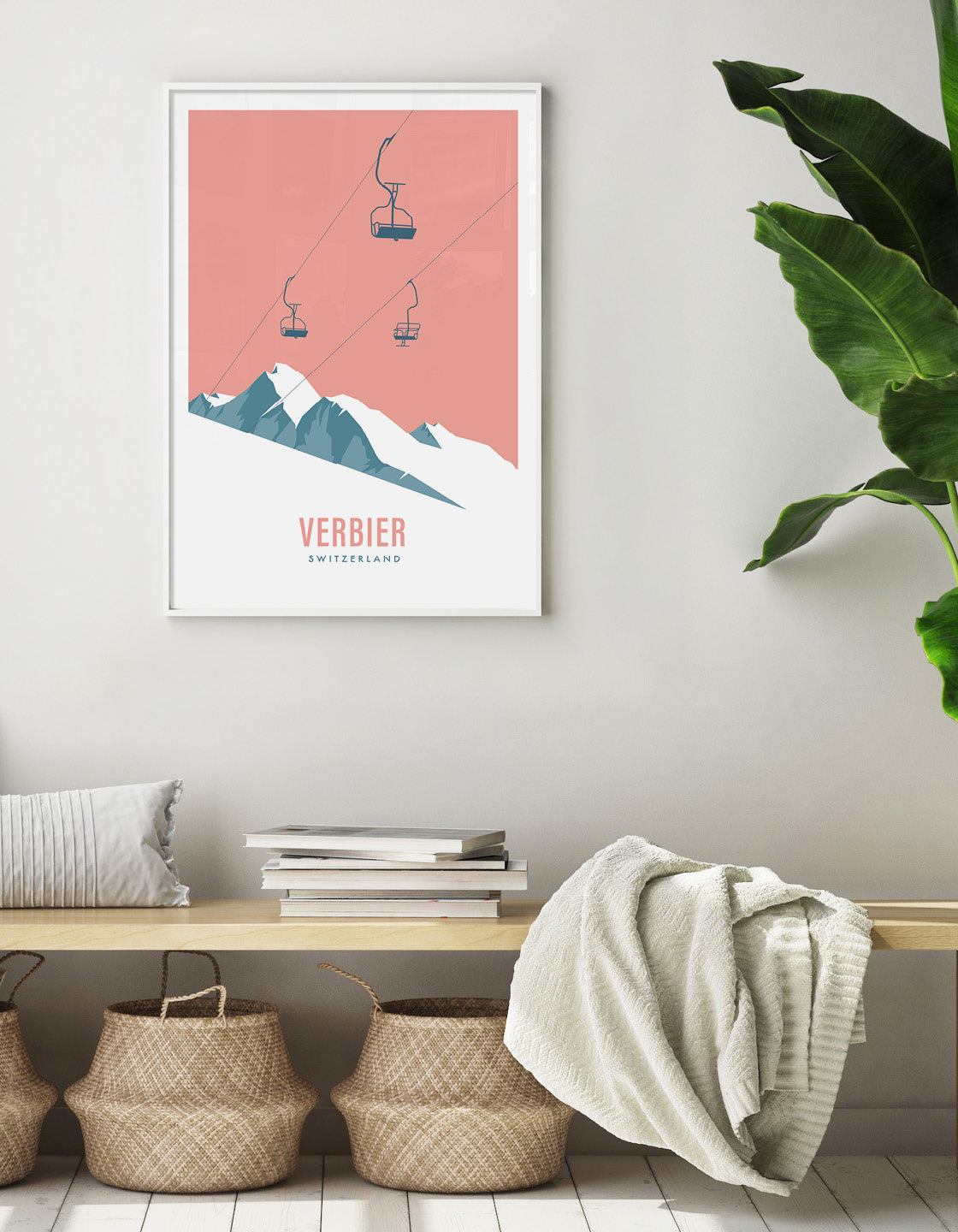 A contemporary minimalist ski chairlift art print featuring various ski resorts, showcasing a modern retro style.