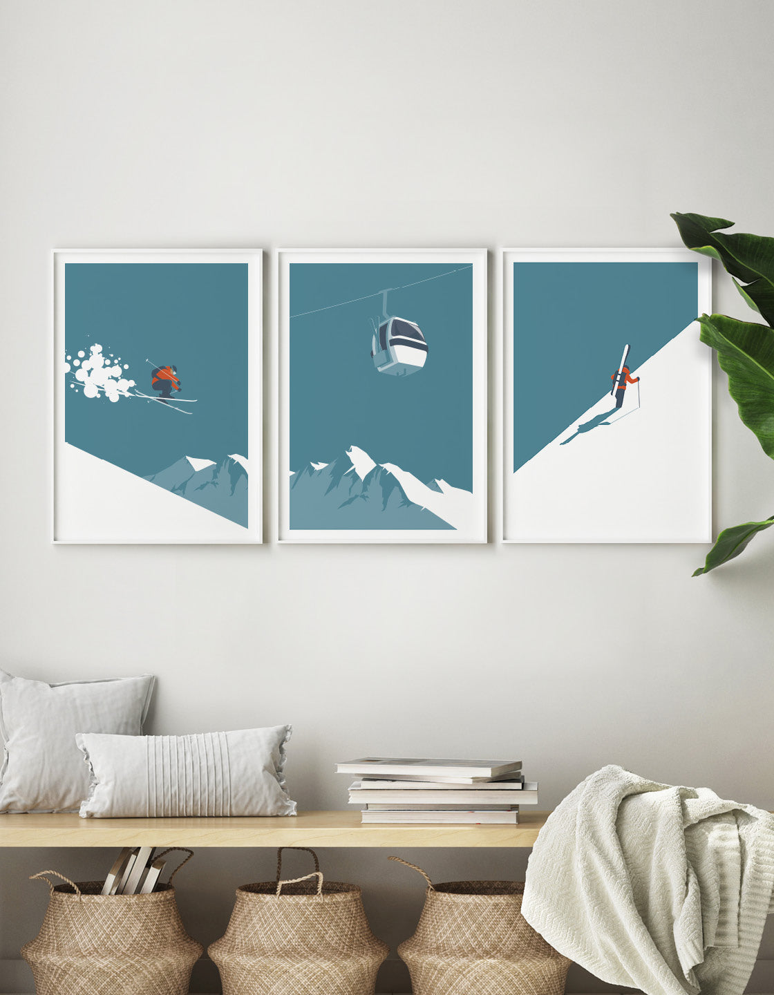 A contemporary set of three ski art prints showcasing winter landscapes and skiing action, perfect for home decor.