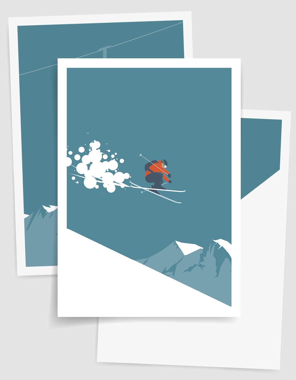 A contemporary set of three ski art prints showcasing winter landscapes and skiing action, perfect for home decor.