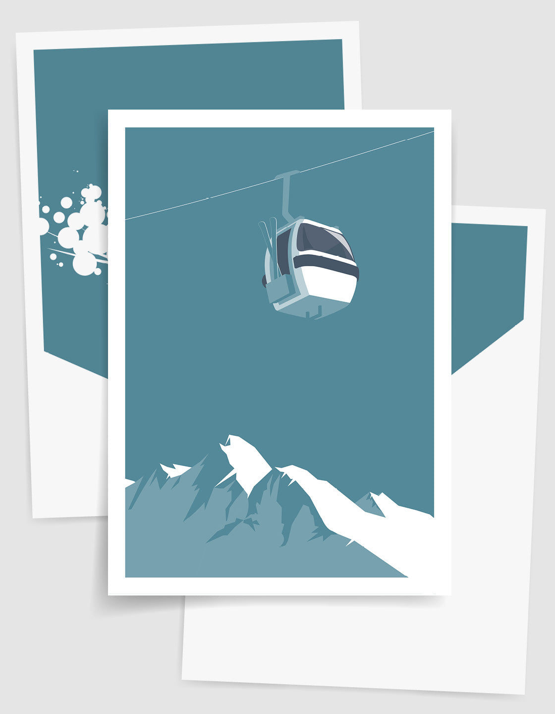 A contemporary set of three ski art prints showcasing winter landscapes and skiing action, perfect for home decor.