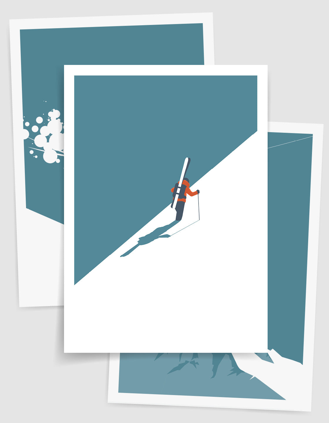 A contemporary set of three ski art prints showcasing winter landscapes and skiing action, perfect for home decor.