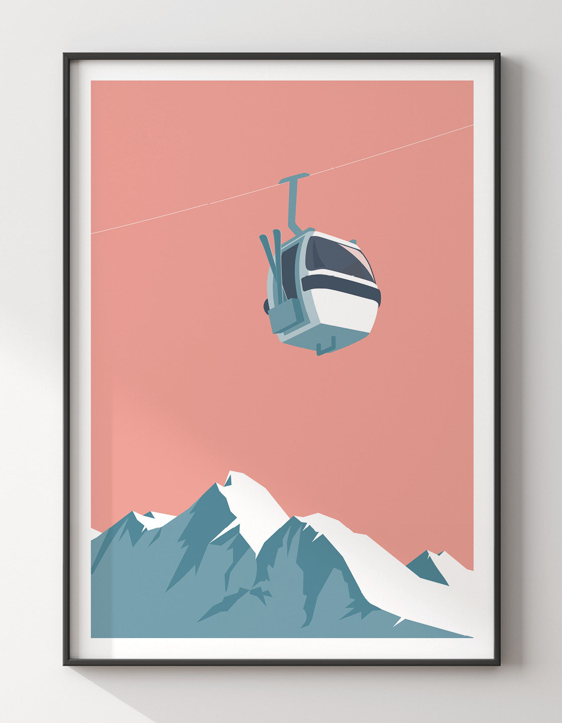 A contemporary retro-style ski gondola art print featuring a vintage design, customizable with a ski resort name.