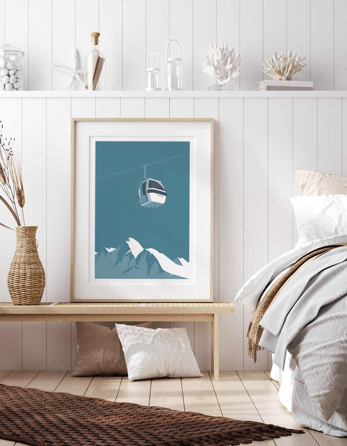 A contemporary retro-style ski gondola art print featuring a vintage design, customizable with a ski resort name.