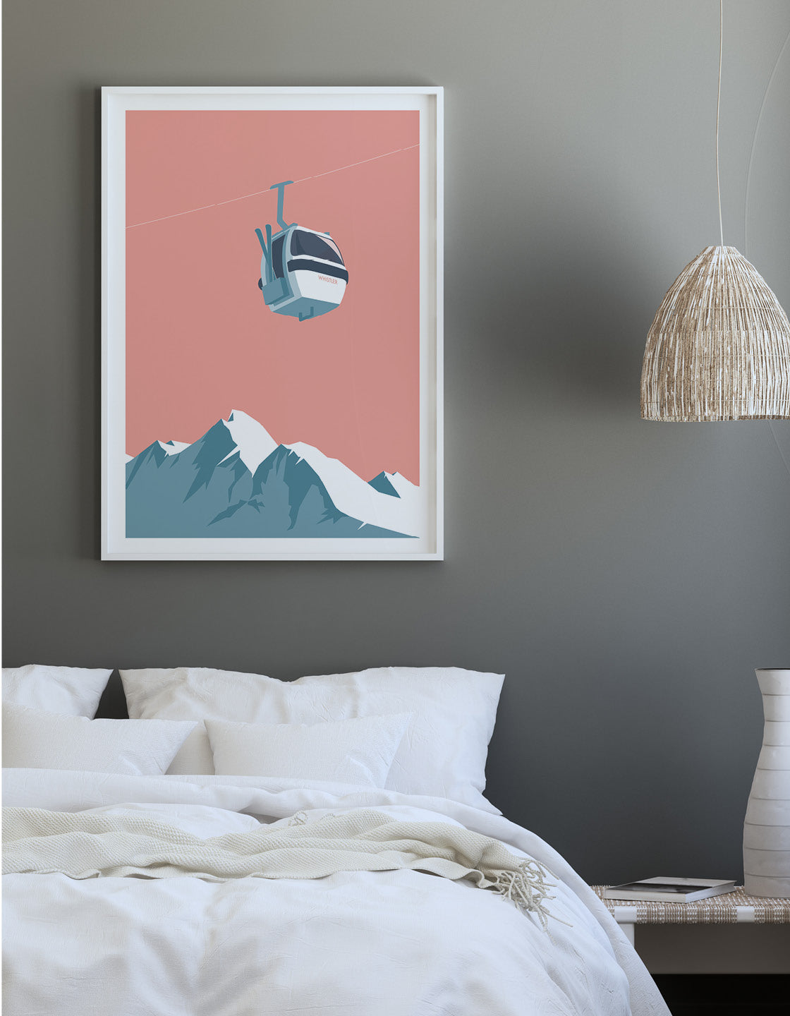 A contemporary retro-style ski gondola art print featuring a vintage design, customizable with a ski resort name.