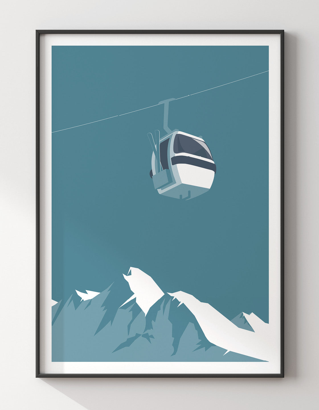 A contemporary retro-style ski gondola art print featuring a vintage design, customizable with a ski resort name.