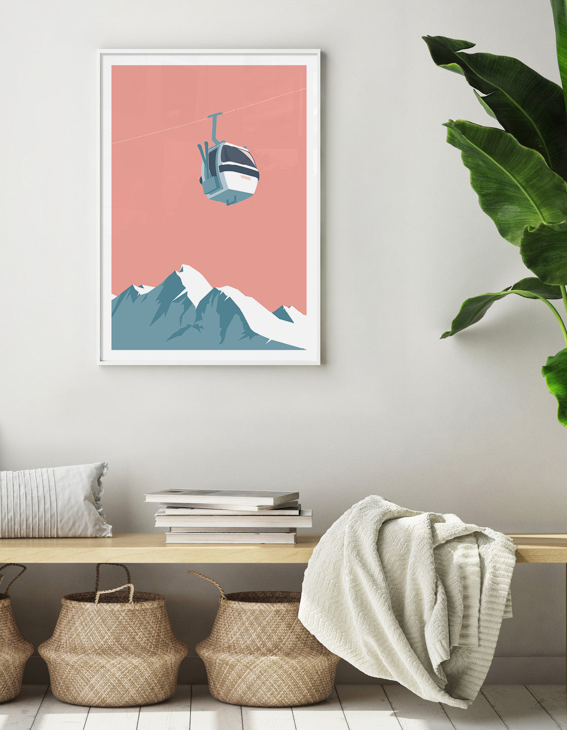 A contemporary retro-style ski gondola art print featuring a vintage design, customizable with a ski resort name.