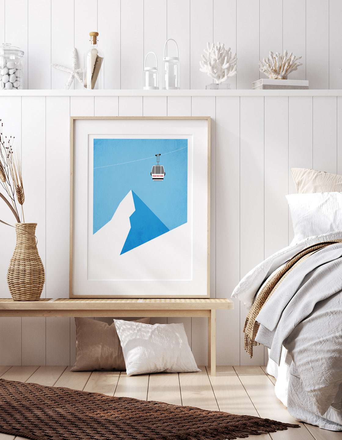 A modern minimal ski gondola print featuring an iconic ski lift, customizable with personal details.