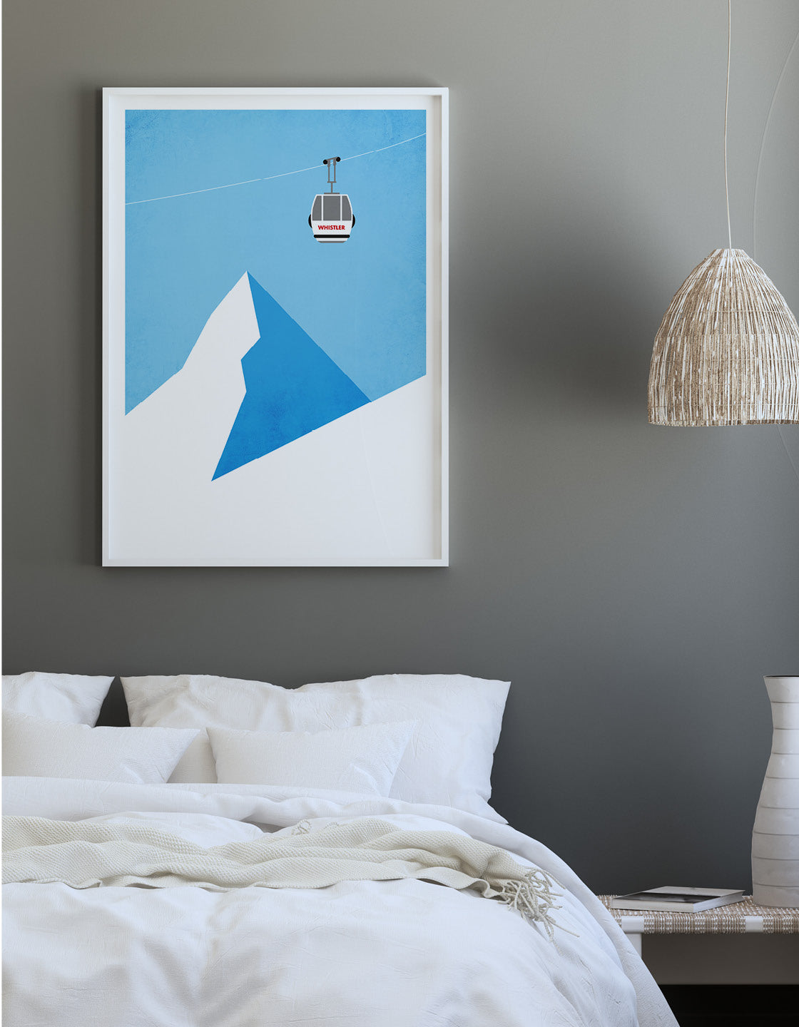 A modern minimal ski gondola print featuring an iconic ski lift, customizable with personal details.