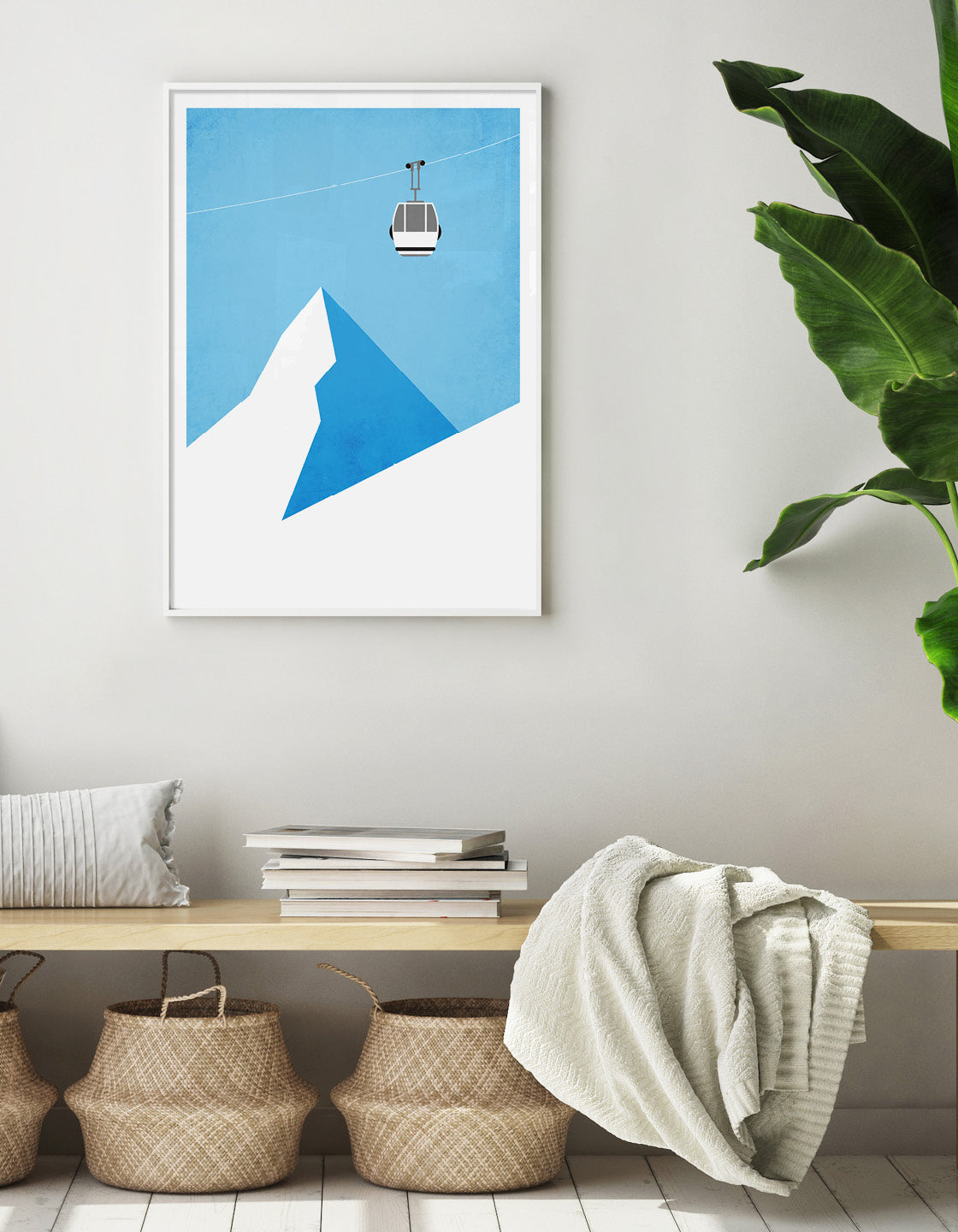 A modern minimal ski gondola print featuring an iconic ski lift, customizable with personal details.