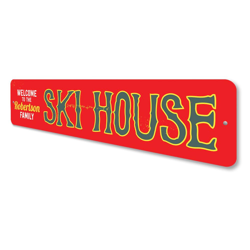 Customizable Ski House Sign made of high-quality aluminum, featuring a rustic design perfect for ski lovers and lodge decor.