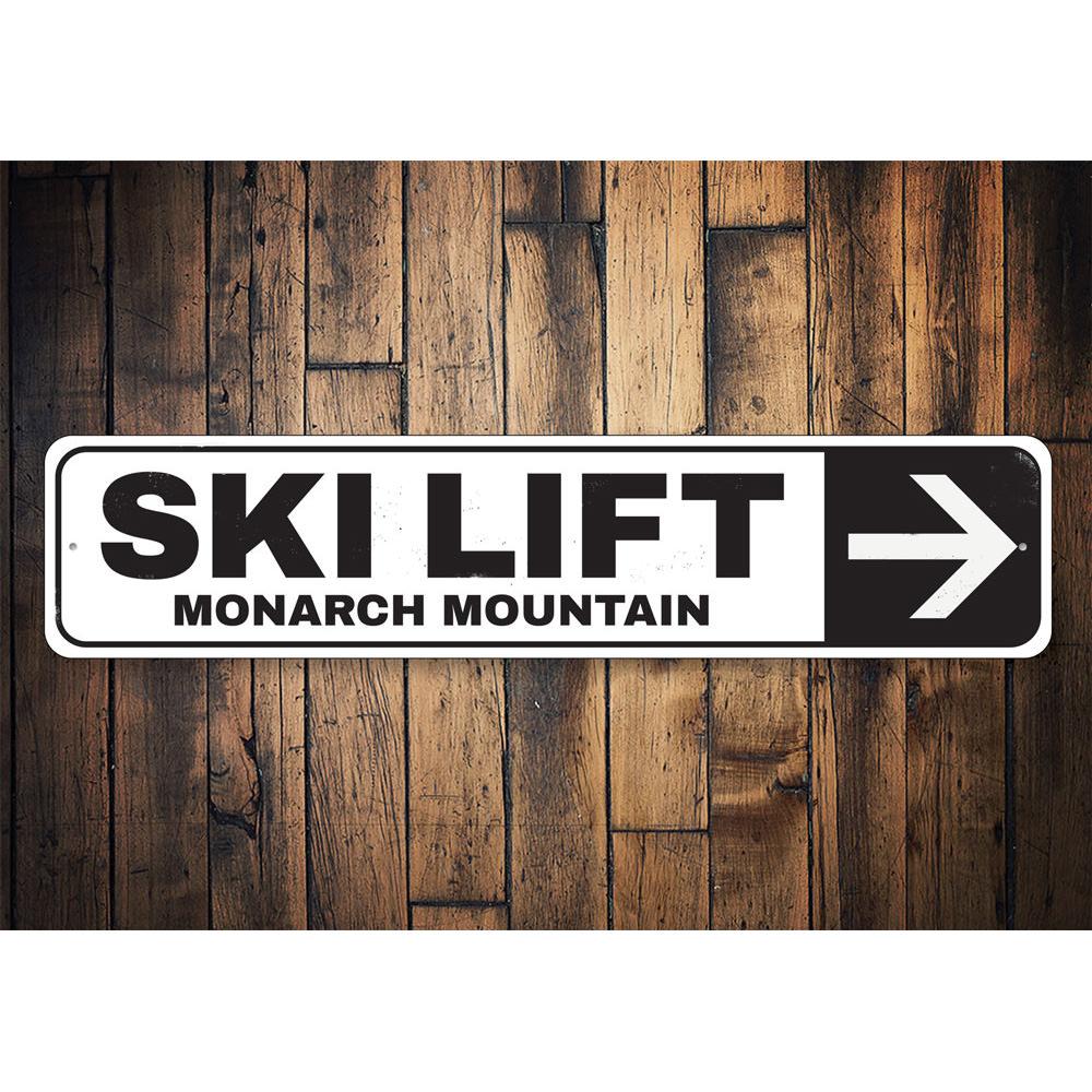 Ski Lift Arrow Sign made of high-quality aluminum, featuring customizable text and pre-drilled holes for easy mounting.