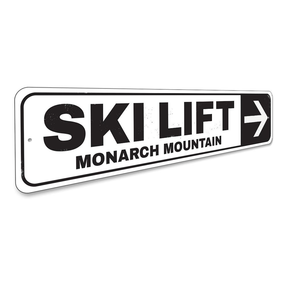 Ski Lift Arrow Sign made of high-quality aluminum, featuring customizable text and pre-drilled holes for easy mounting.