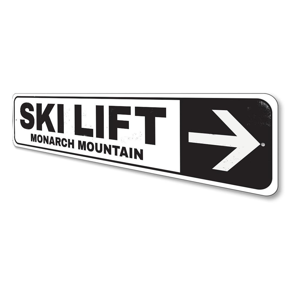 Ski Lift Arrow Sign made of high-quality aluminum, featuring customizable text and pre-drilled holes for easy mounting.