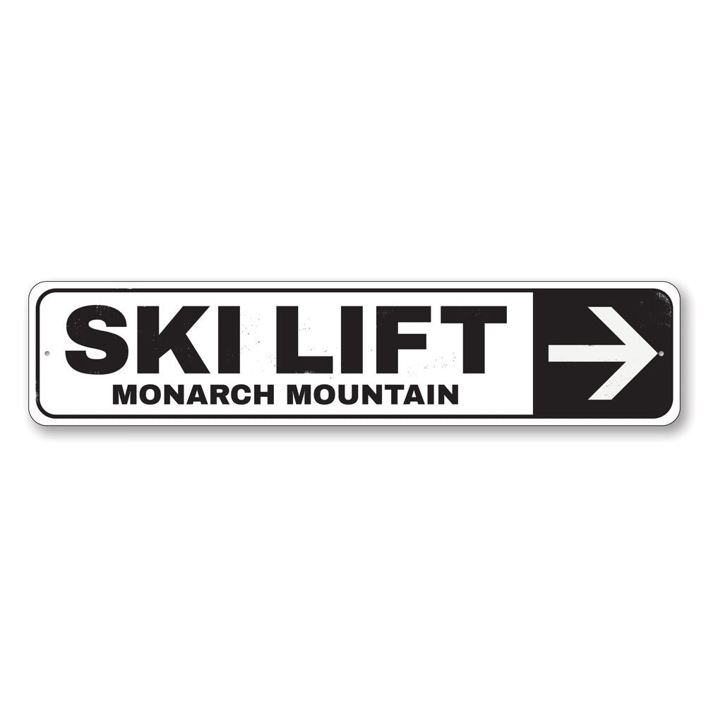 Ski Lift Arrow Sign made of high-quality aluminum, featuring customizable text and pre-drilled holes for easy mounting.