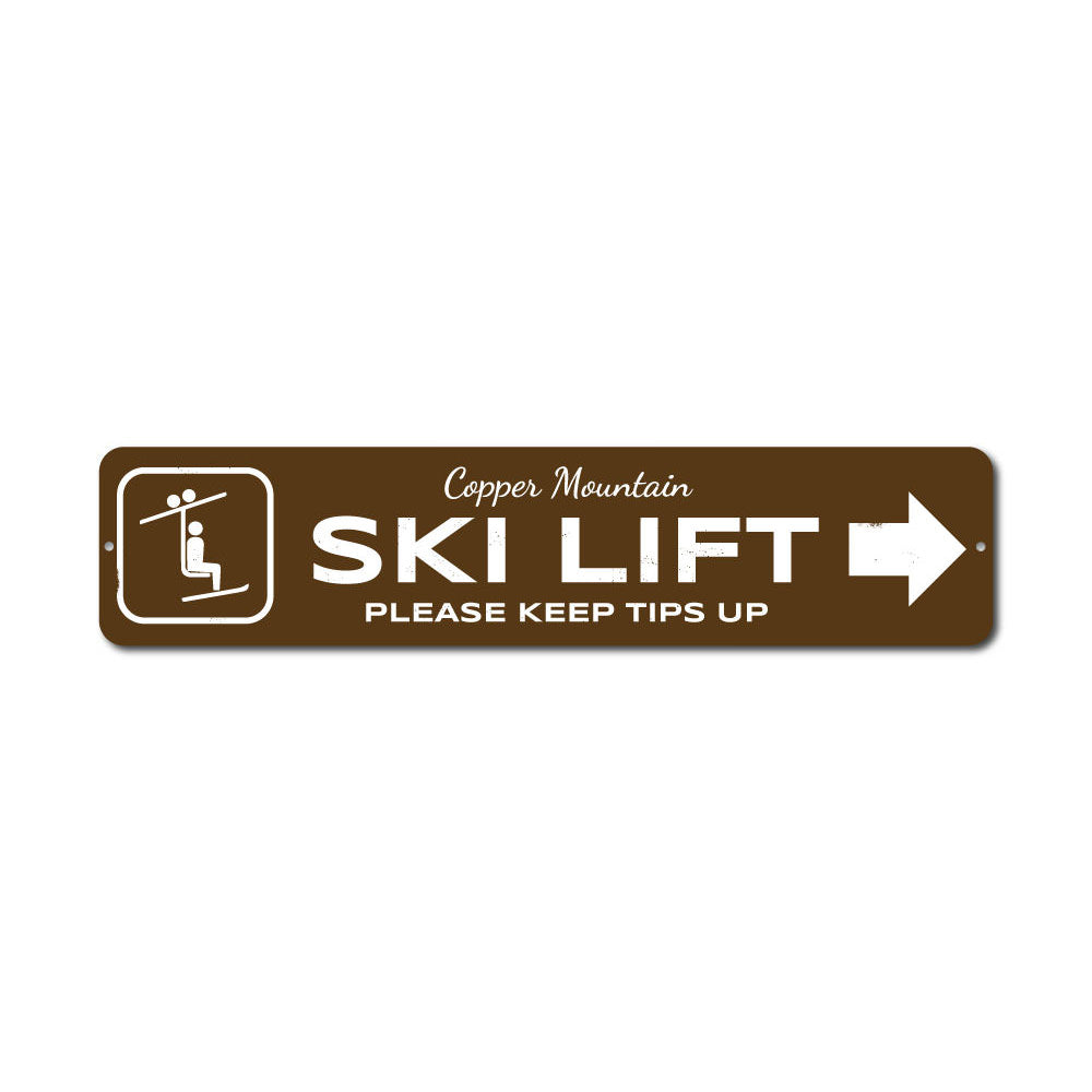 A decorative Ski Lift Directional Sign made of high-quality aluminum, featuring customizable text and pre-drilled holes for easy mounting.