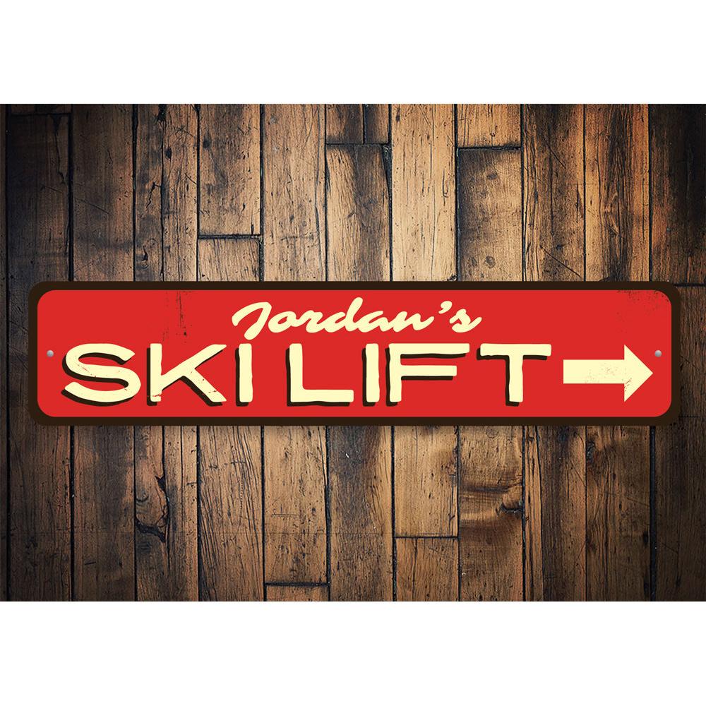 A decorative Ski Lift Sign made of high-quality aluminum, featuring customizable text, ideal for ski enthusiasts and lodge decor.