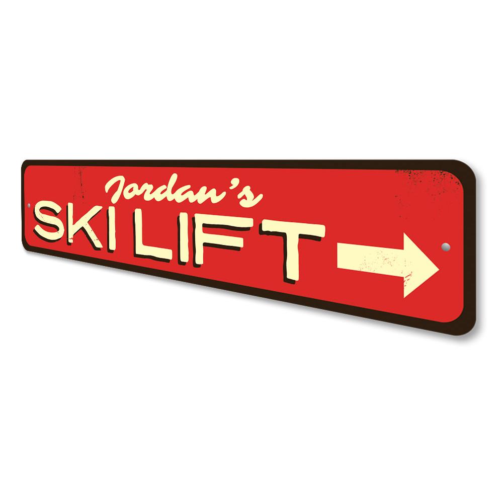 A decorative Ski Lift Sign made of high-quality aluminum, featuring customizable text, ideal for ski enthusiasts and lodge decor.