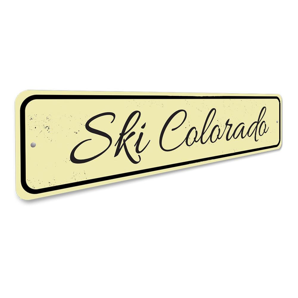 A customizable Ski Location Sign made of high-quality aluminum, featuring a scenic ski design, perfect for home decor.