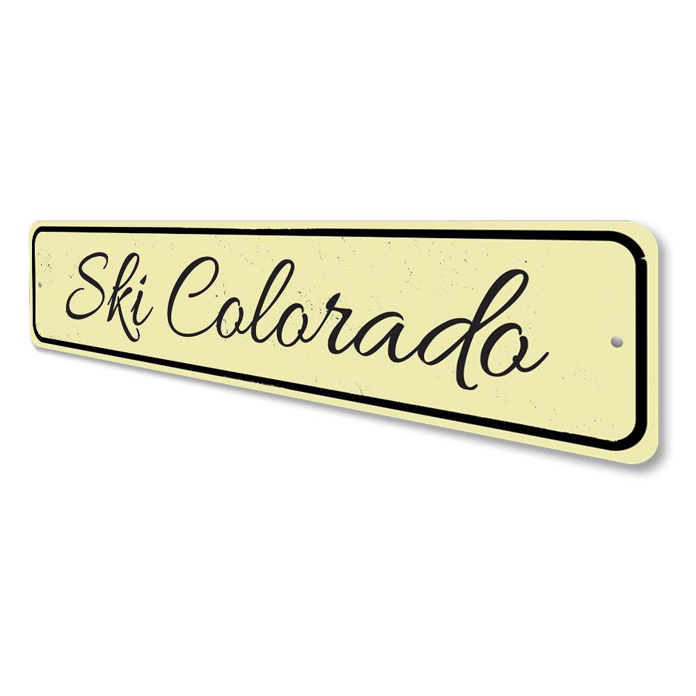 A customizable Ski Location Sign made of high-quality aluminum, featuring a scenic ski design, perfect for home decor.