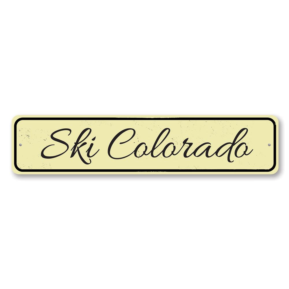 A customizable Ski Location Sign made of high-quality aluminum, featuring a scenic ski design, perfect for home decor.