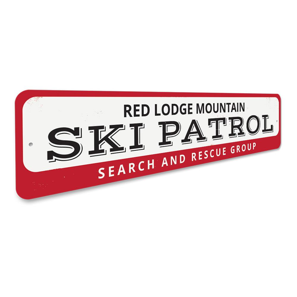 Ski Patrol Mountain Sign made of high-quality aluminum, featuring a decorative design perfect for ski lovers, mounted on a wall.