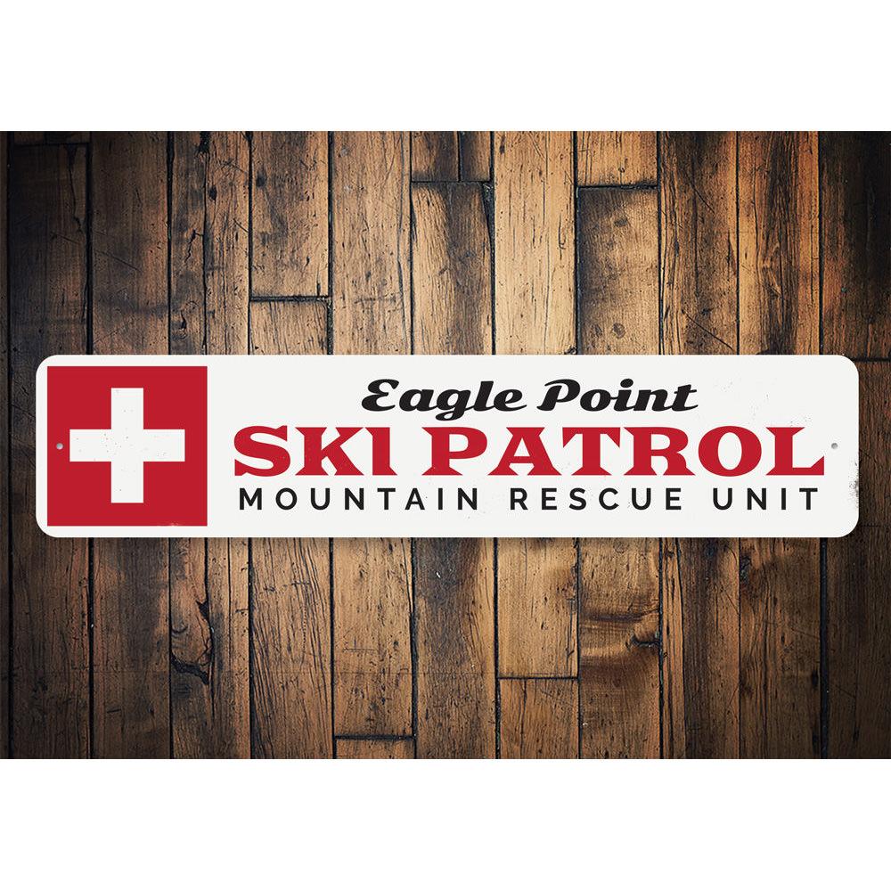 Ski Patrol Rescue Unit Sign made of high-quality aluminum, featuring vibrant colors and customizable text, perfect for ski enthusiasts.