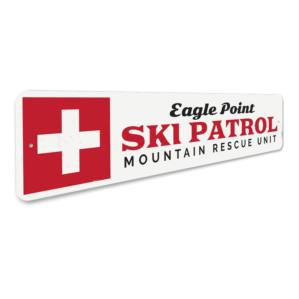 Ski Patrol Rescue Unit Sign made of high-quality aluminum, featuring vibrant colors and customizable text, perfect for ski enthusiasts.