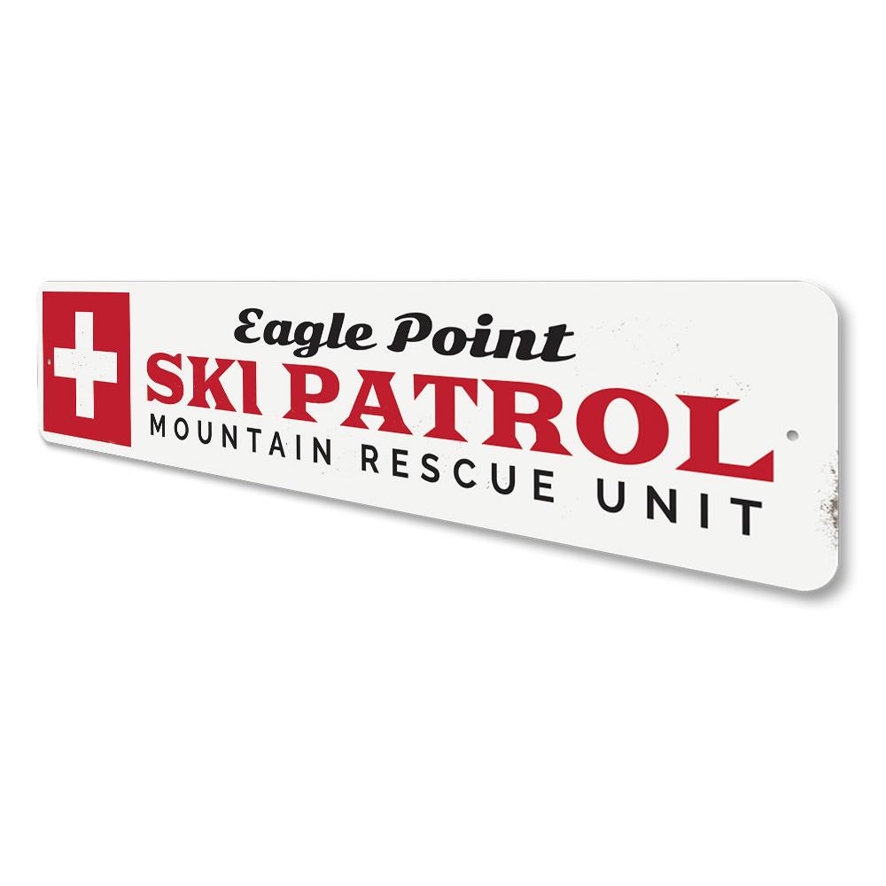 Ski Patrol Rescue Unit Sign made of high-quality aluminum, featuring vibrant colors and customizable text, perfect for ski enthusiasts.