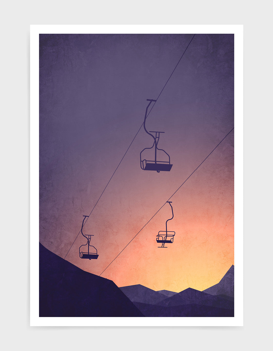 A stunning sunset over a ski resort, featuring snow-covered mountains and a vibrant sky, perfect for a personalised wall art print.