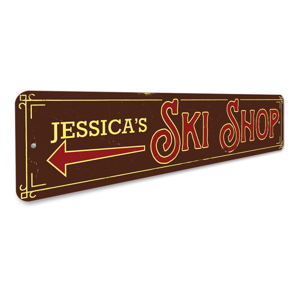 Ski Shop Arrow Sign made of high-quality aluminum, featuring a decorative arrow design perfect for indoor or outdoor use.