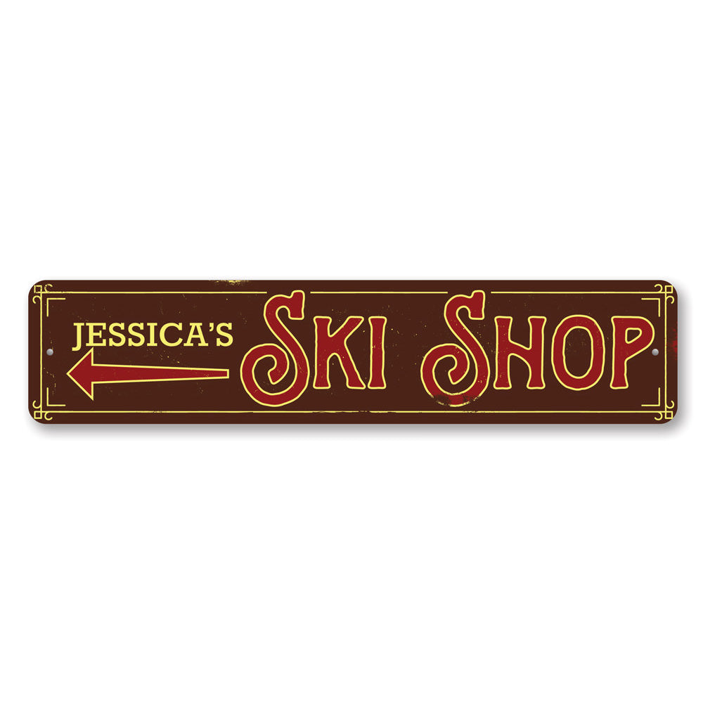 Ski Shop Arrow Sign made of high-quality aluminum, featuring a decorative arrow design perfect for indoor or outdoor use.