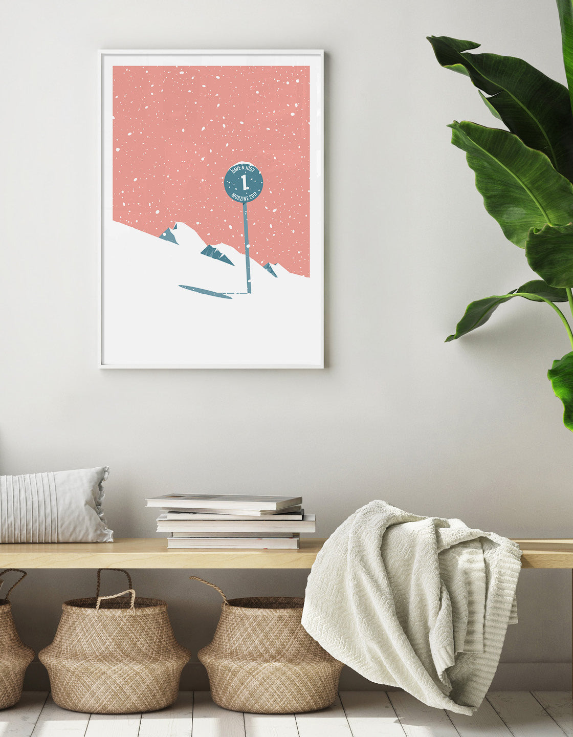 Customizable ski signpost art print featuring vintage design elements and personalization options.