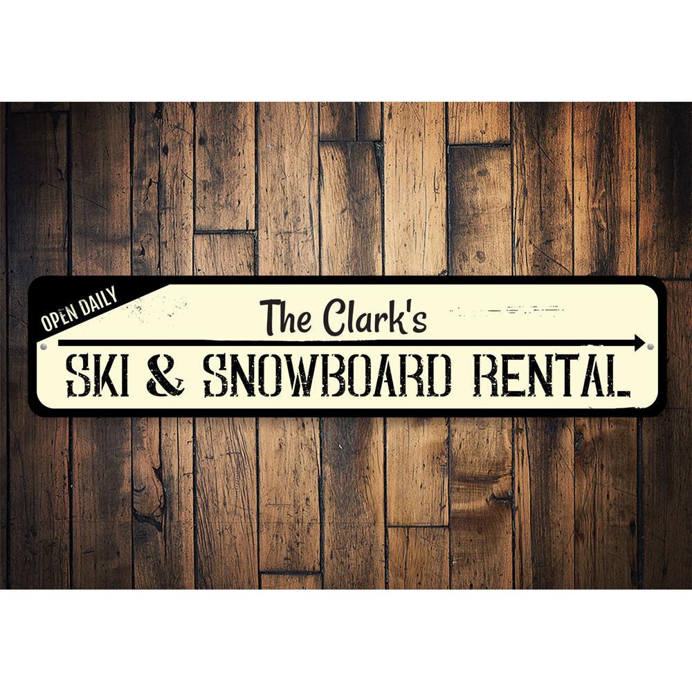 A beautifully crafted Ski & Snowboard Sign made from high-quality aluminum, featuring customizable text and pre-drilled holes for easy mounting.