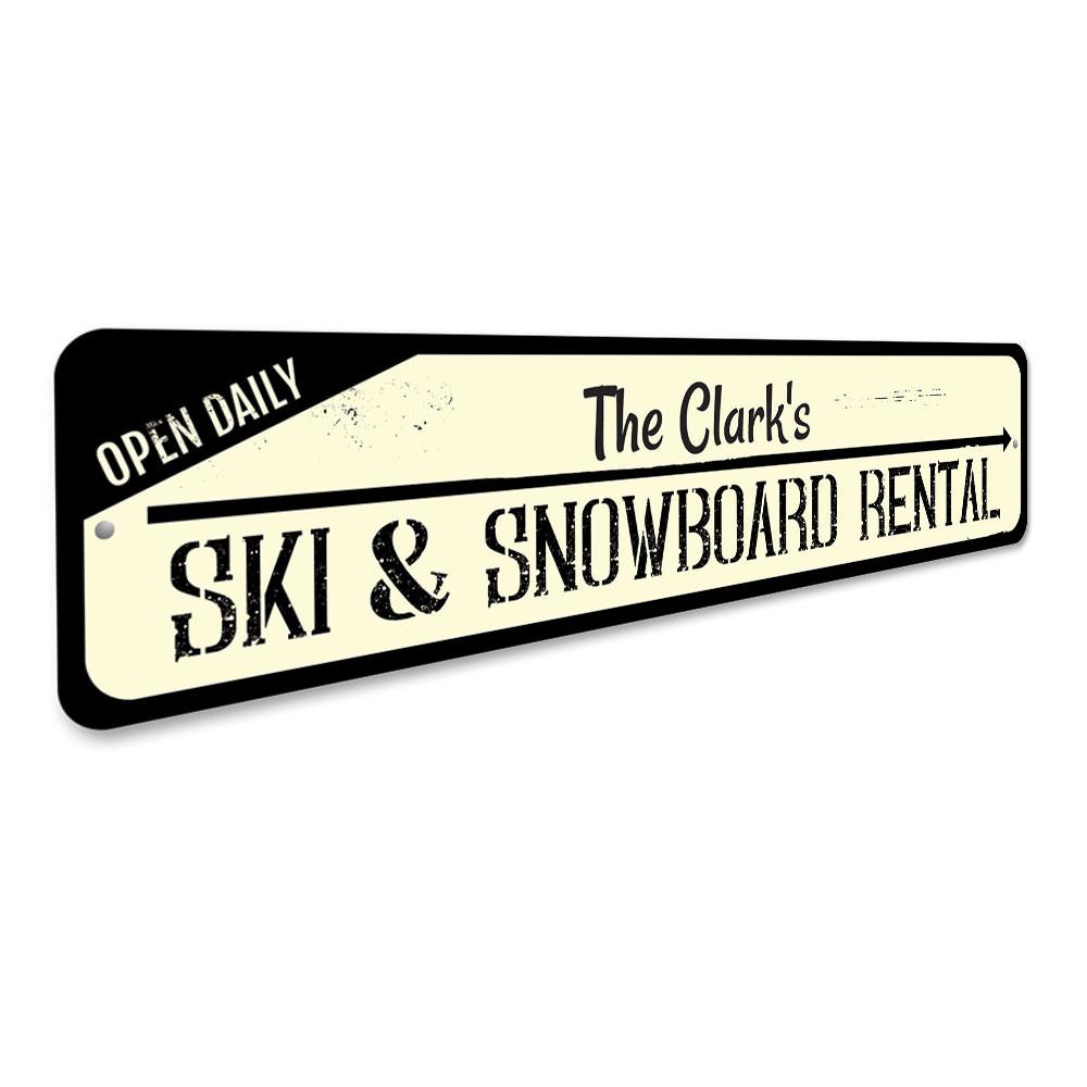 A beautifully crafted Ski & Snowboard Sign made from high-quality aluminum, featuring customizable text and pre-drilled holes for easy mounting.