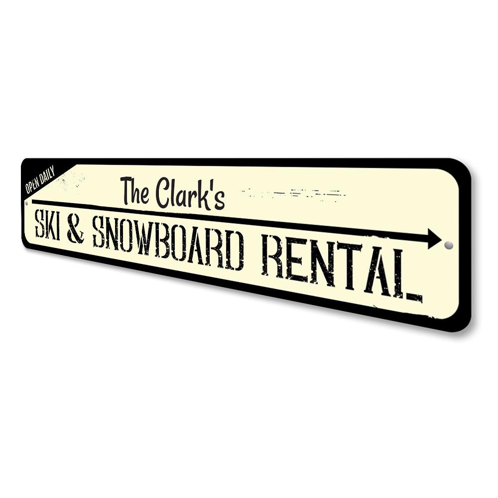 A beautifully crafted Ski & Snowboard Sign made from high-quality aluminum, featuring customizable text and pre-drilled holes for easy mounting.