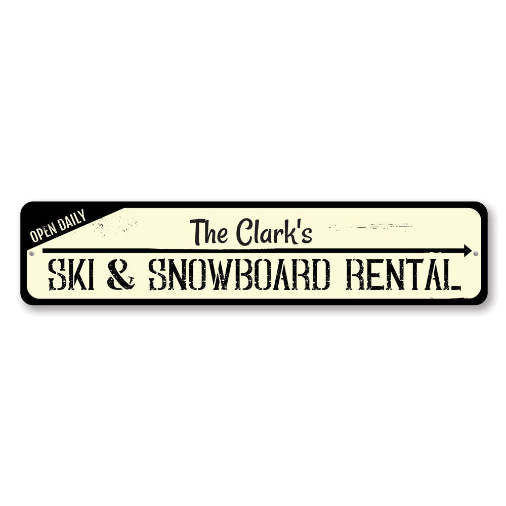 A beautifully crafted Ski & Snowboard Sign made from high-quality aluminum, featuring customizable text and pre-drilled holes for easy mounting.