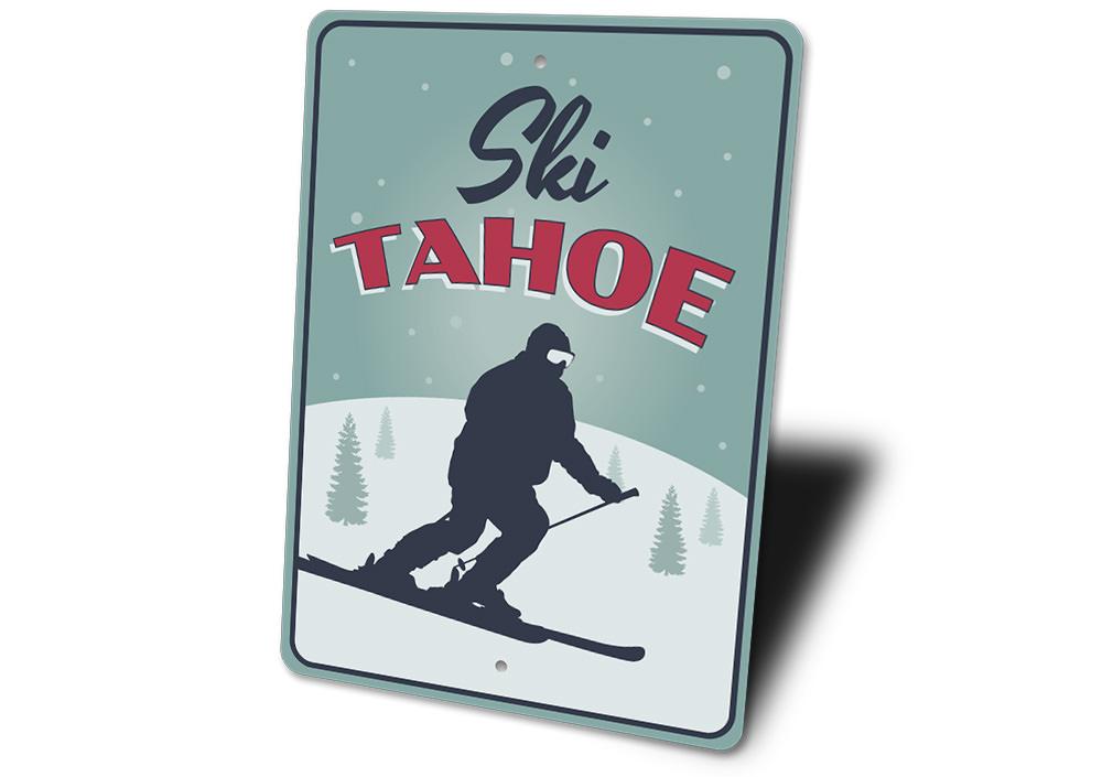 Ski Tahoe Sign made of durable aluminum, featuring a decorative design perfect for ski lovers, mounted on a wall.