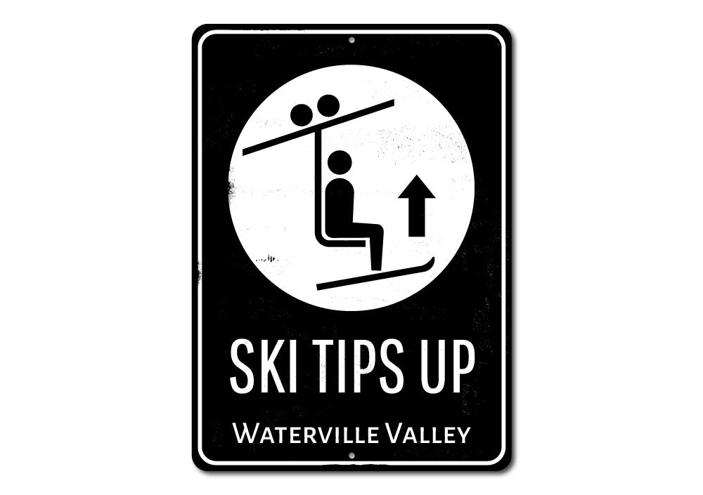 Ski Tips Up Destination Sign made of durable aluminum, featuring a ski-themed design perfect for lodge decor.