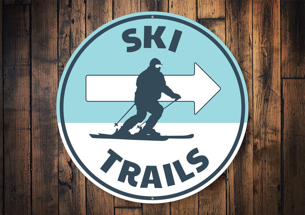 Ski Trails Circle Sign made of high-quality aluminum, featuring a vibrant design perfect for ski enthusiasts and lodge decor.