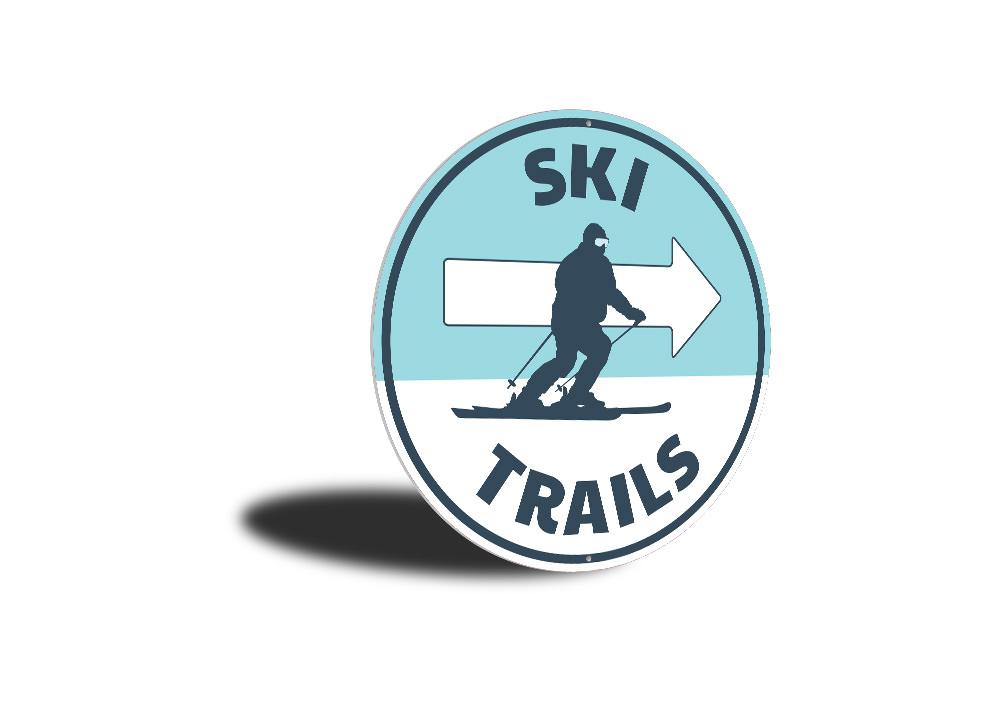 Ski Trails Circle Sign made of high-quality aluminum, featuring a vibrant design perfect for ski enthusiasts and lodge decor.