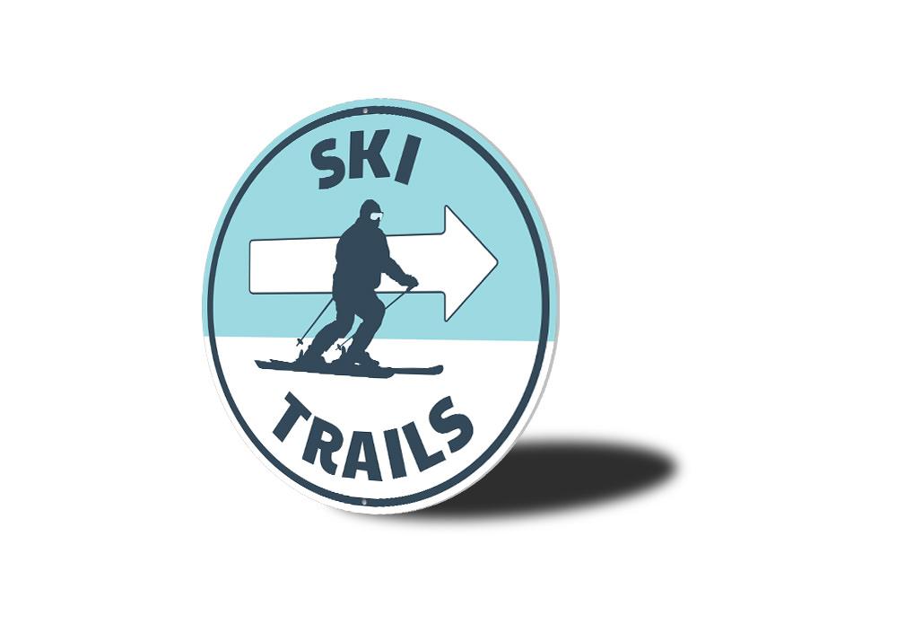 Ski Trails Circle Sign made of high-quality aluminum, featuring a vibrant design perfect for ski enthusiasts and lodge decor.