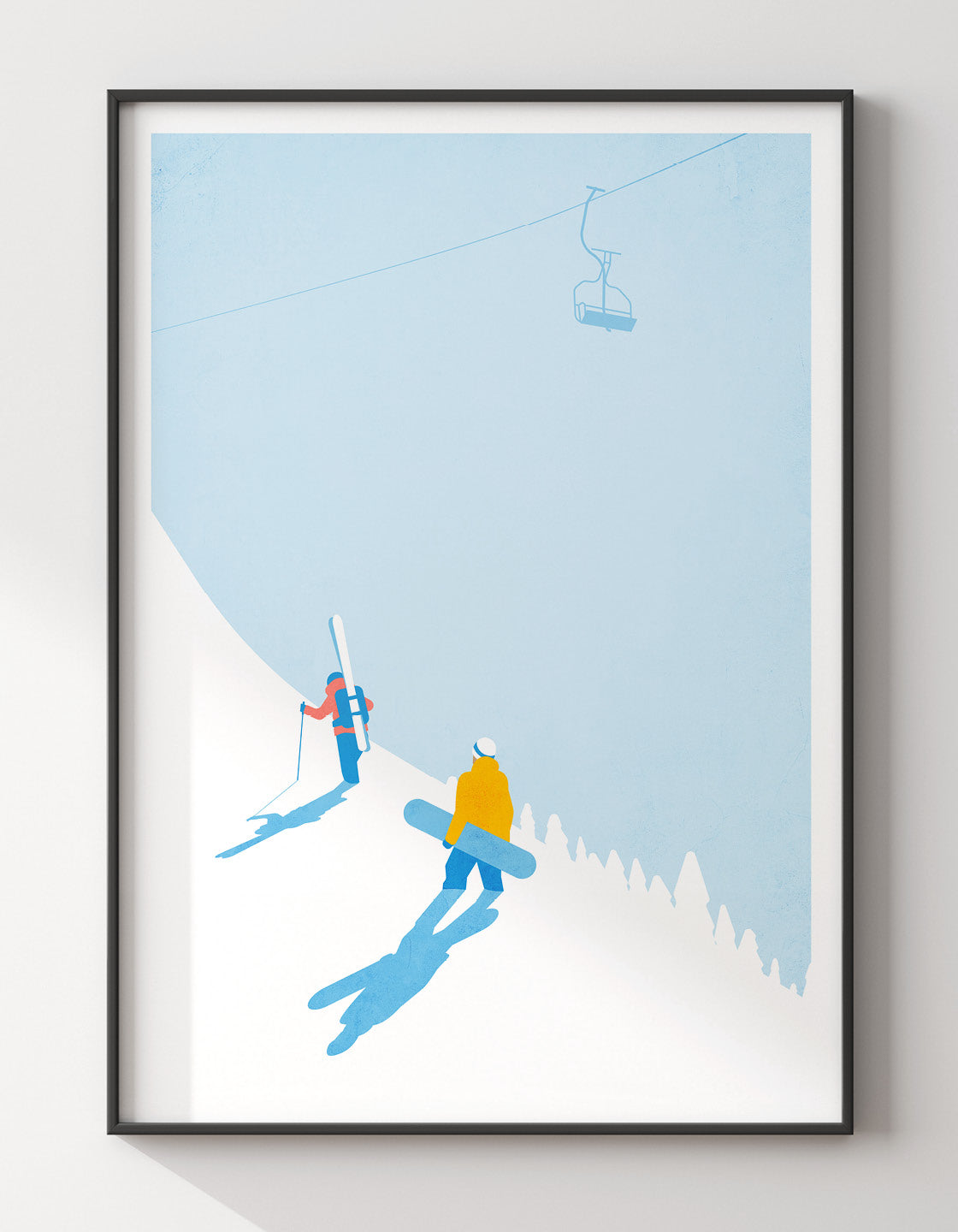 A contemporary ski print featuring a skier and snowboarder, customizable with names and ski resorts.