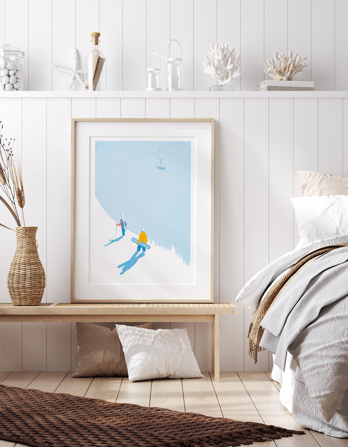 A contemporary ski print featuring a skier and snowboarder, customizable with names and ski resorts.