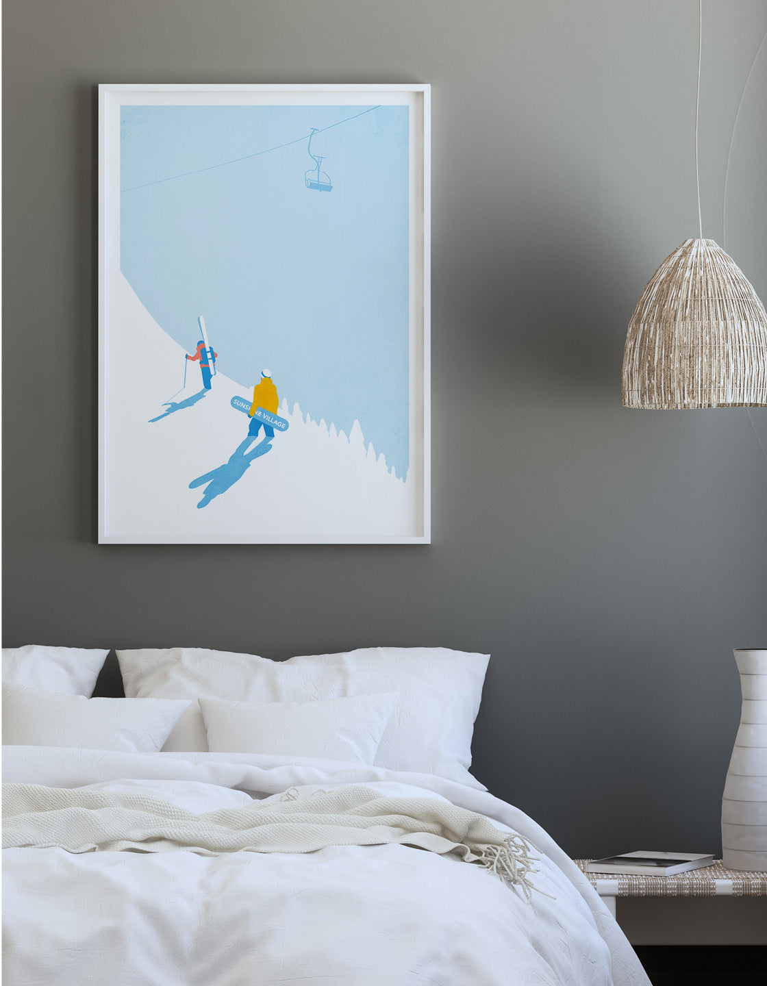 A contemporary ski print featuring a skier and snowboarder, customizable with names and ski resorts.