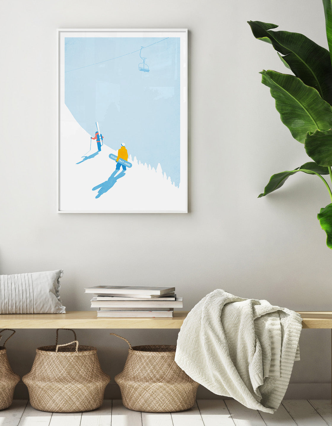 A contemporary ski print featuring a skier and snowboarder, customizable with names and ski resorts.