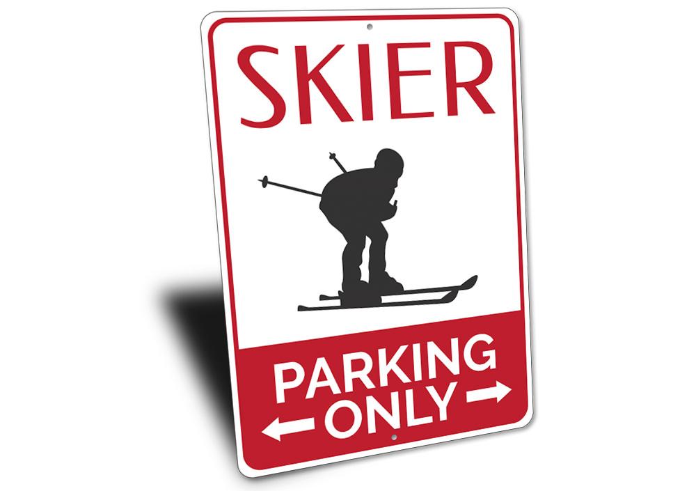 A vibrant Skier Parking Sign made of durable aluminum, featuring a unique skiing design, perfect for reserving parking spots.