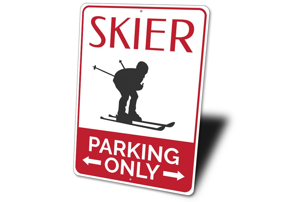 A vibrant Skier Parking Sign made of durable aluminum, featuring a unique skiing design, perfect for reserving parking spots.