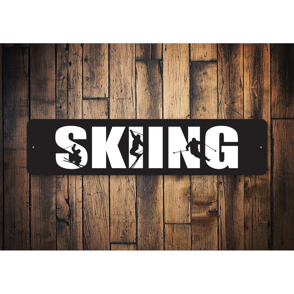 Customizable Skiing Sign made from quality aluminum, featuring skiing graphics and pre-drilled holes for easy mounting.