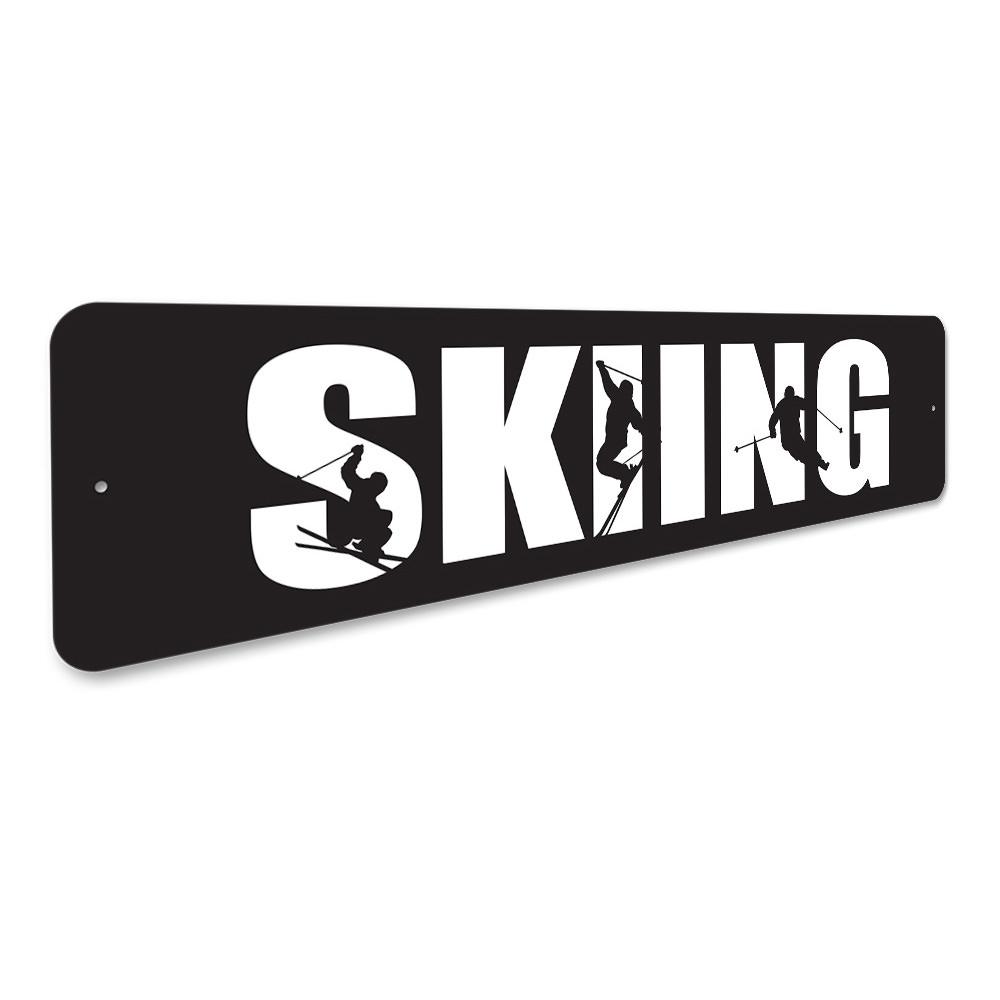 Customizable Skiing Sign made from quality aluminum, featuring skiing graphics and pre-drilled holes for easy mounting.