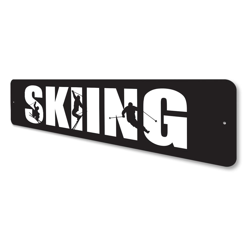 Customizable Skiing Sign made from quality aluminum, featuring skiing graphics and pre-drilled holes for easy mounting.